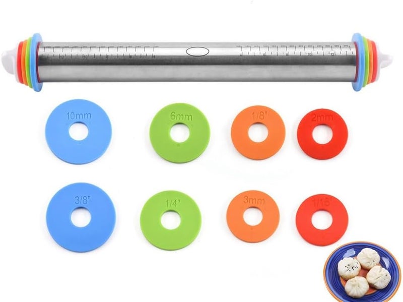 Tuqiso Rolling Pin and Silicone Baking Pastry Mat Set, Stainless Steel Dough Roller with Adjustable Thickness Rings, for Pizza, Pie, Pastries, Pasta, Cookies (Black) - Image 3